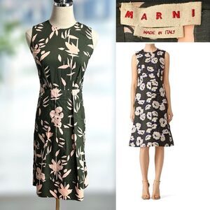 🔥 Marni Flounce Hem Floral Leaf Print Olive Green Dress Size 36 US size 0